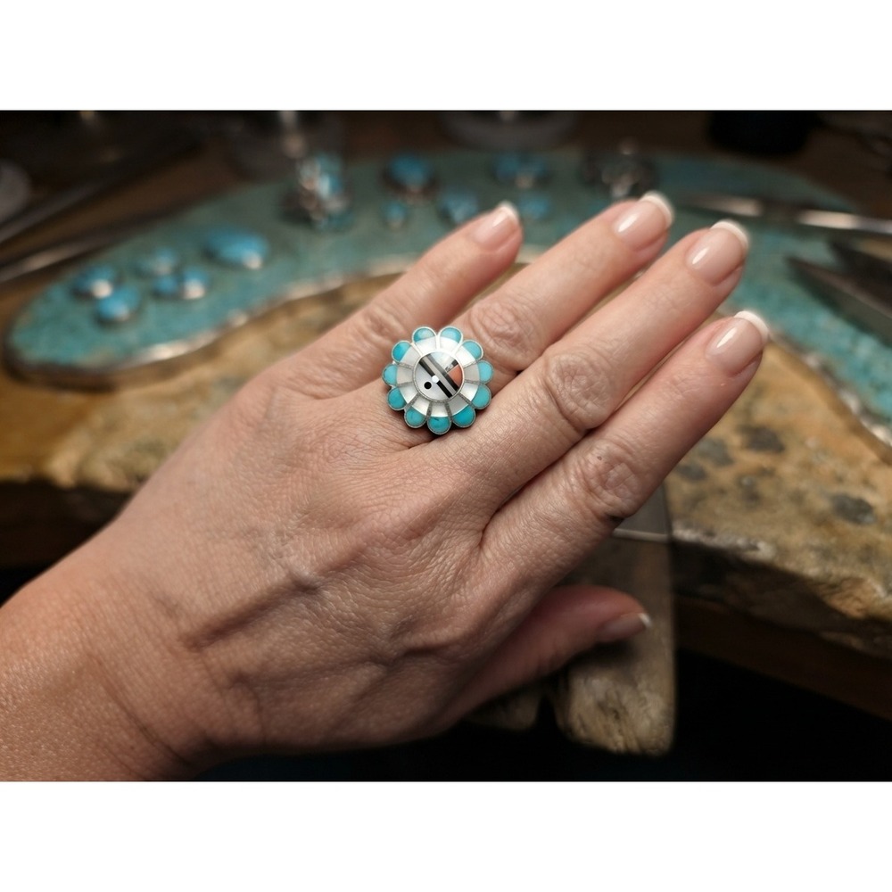 Zuni Sun face Inlay Ring Sterling Silver Tribal Ring Size 7US jewelry**